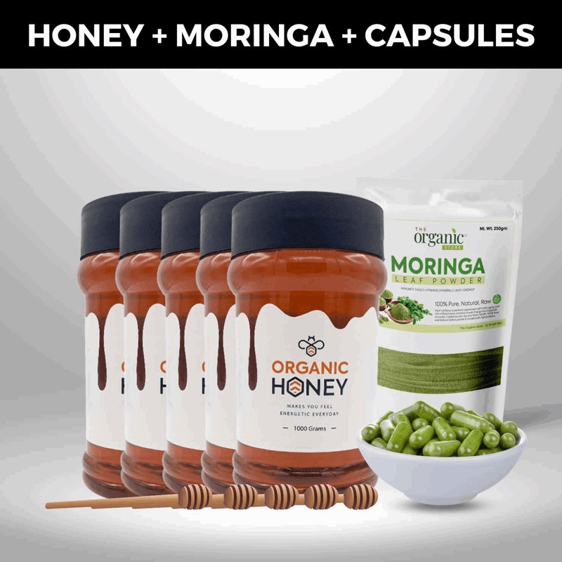 5kg Raw Honey + Free 5 spoons + 250gm Moringa + 100 Moringa Capsules